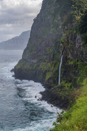 Waterfall flows into the sea, Miradouro do Véu da Noiva, Madeira, Portugal
