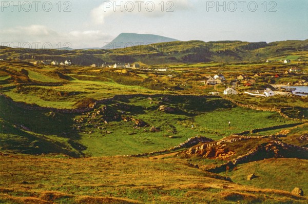 View from coastal village of Derryveagh Mountains mountain range, County Donegal, Ireland 1960s