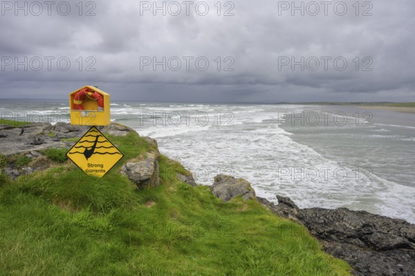 Lifebuoy and warning at Fairy Bridges, Bundoran, County Donegal, Ireland