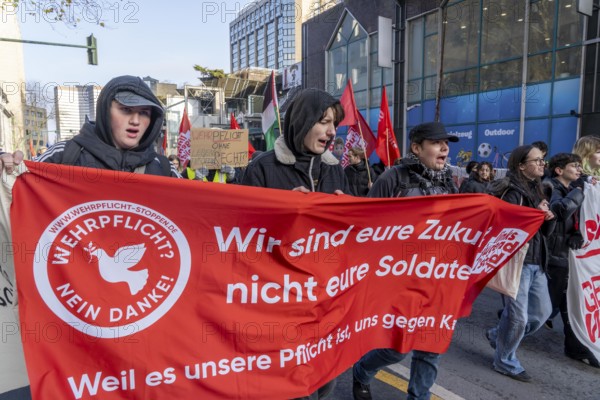 School strike against military service, around 600 participants in a demonstration against the reintroduction of military service, students who stayed away from school and participants from left-wing organizations and parties passed through downtown Essen to protest against the planned new compulsory military service and against other obligations in social service, North Rhine-Westphalia, Germany