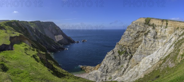 View of blue sea and cliffs from Portacloy Loop Cliff Walk, Muingnabo, County Mayo, Ireland