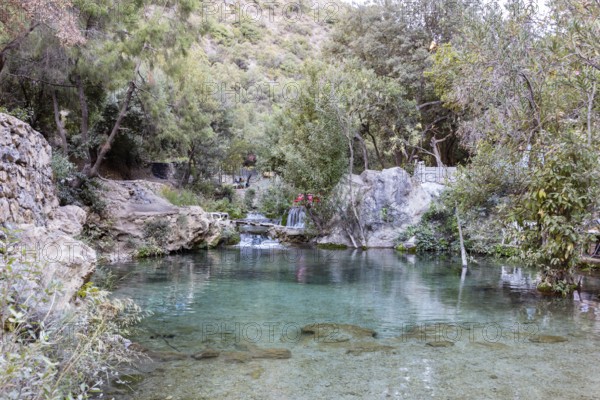 Clear pond surrounded by green vegetation with small waterfalls and rocks, El Kelaa river in Morocco