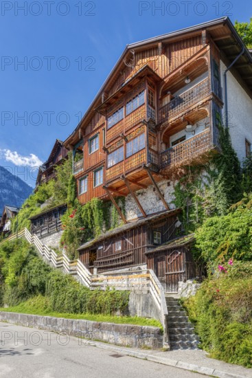 A, Hallstatt, hdr, A traditional wooden house covered with ivy, along a staircase under a blue sky, Austria