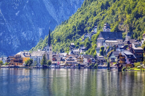 A, Hallstatt, hdr, A picturesque lakeside village with colorful views and steep mountain faces, Austria