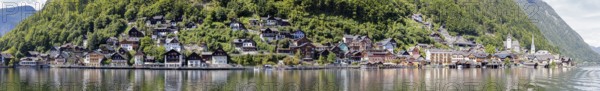 A, Hallstatt, Pano, k, panoramic view of a village on the shore of a lake, nestled in green hills, Austria
