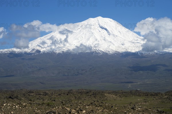 Impressive snow-covered mountain surrounded by clouds in a wide landscape, landscape near Demirtepe, Great Ararat, Büyük Agri Dagi, Dogubayazit, Dogubayazit, Dogubeyazit, Agri Province, Eastern Anatolia, Anatolia, Turkey