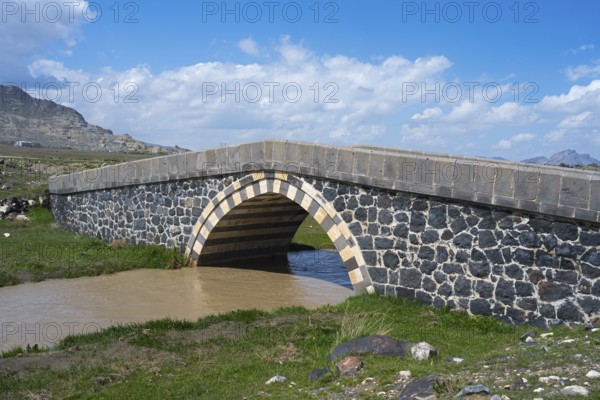 Stone bridge over a river in a green landscape under blue sky, bridge near Cevirme, Dogubayazit, Dogubayazit, Dogubeyazit, Agri province, Agri, Eastern Anatolia, Anatolia, Turkey