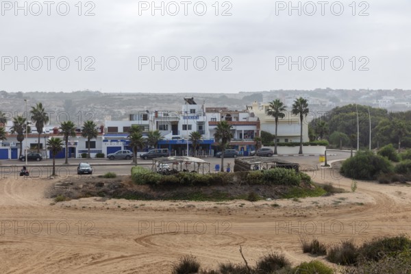 Small settlement with palm trees and cloudy sky