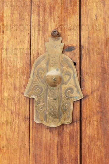 Ornamental brass handle in the shape of a hand on wooden door