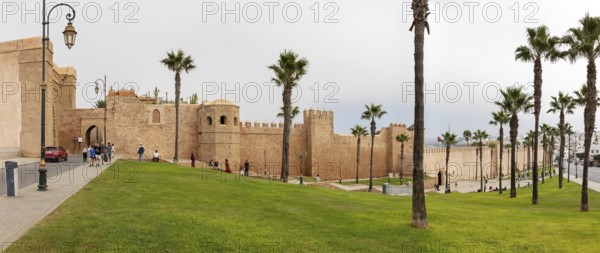 Historic fortress with high walls and palm trees, a group of people strolling along
