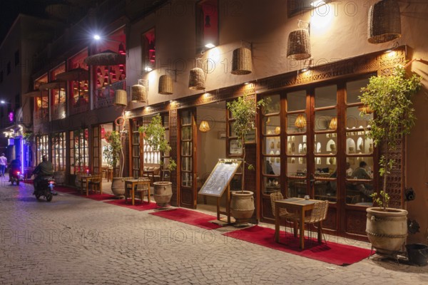 Night view of a cozy restaurant with lighting, decorative plants and an inviting atmosphere