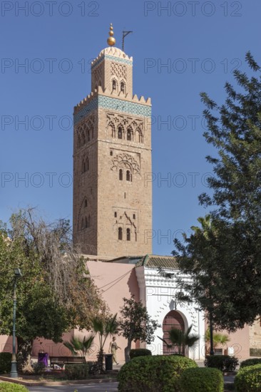 High tower of the Koutoubia Mosque against a blue sky surrounded by trees