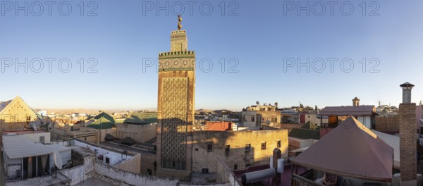 Narrow city skyline with dominating minaret and surrounding roofs
