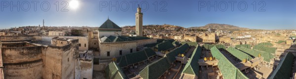 Extensive view of an old town with prominent green roofs and minaret