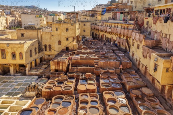 The bustling atmosphere of a traditional old town tannery, illuminated by warm sunlight and marked by craftsmanship