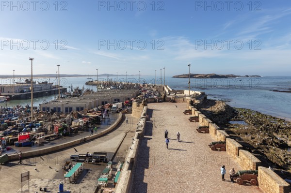 Harbour view with boats and historic walls in calm, clear weather