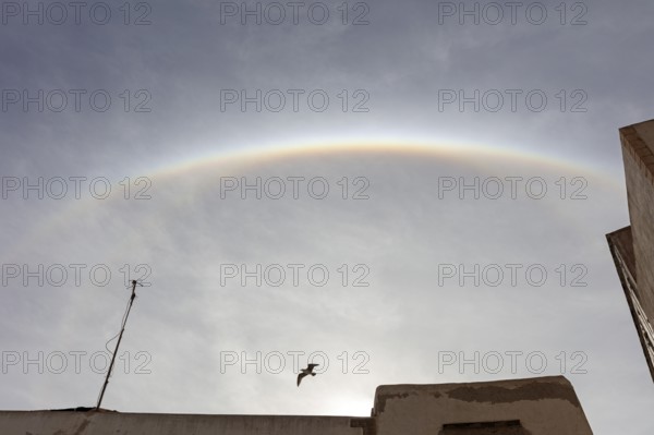 Halo over a building with bird and bright clouds