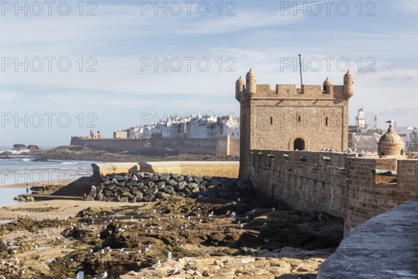 Coastline with old fortifications and urban background, with clear visibility and blue sky