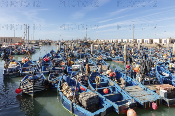 Numerous blue fishing boats close together in the harbor, lively atmosphere under sunny skies