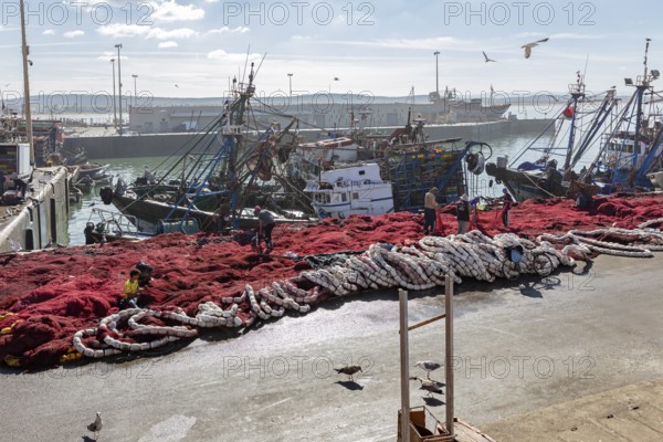 Harbour view with red fishing nets in the foreground, adjacent fishing boats and seagulls in the air