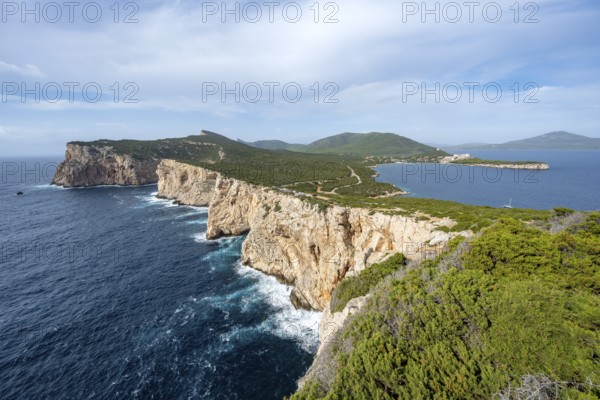 View of steep cliffs by the sea, coastal landscape, cliffs on the Capo Caccia headland, Alghero, Sardinia, Italy