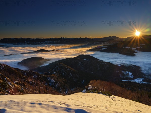 Alpine panorama at sunrise in winter, in the fog valley, Untersberg, Marktschellenberg, Berchtesgadener Land, Upper Bavaria, Bavaria, Germany