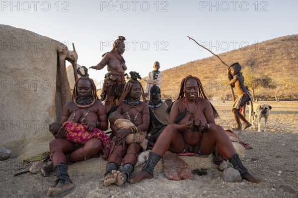 Married Himba woman with their babies in their arms sitting in front of the first woman's hut, in the morning, traditional Himba village, Kaokoveld, Kunene, Namibia