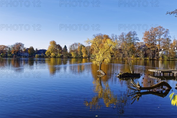 Autumn colors and a fishing platform on Sandbrack, a lake in the Kirchwerder district of Hamburg. Fünfhausen, Kirchwerder, Hamburg, Germany