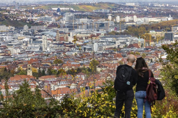 View from Santiago de Chile Square of the city center of the state capital Stuttgart with buildings, architecture and sights. Stuttgart, Baden-Württemberg, Germany