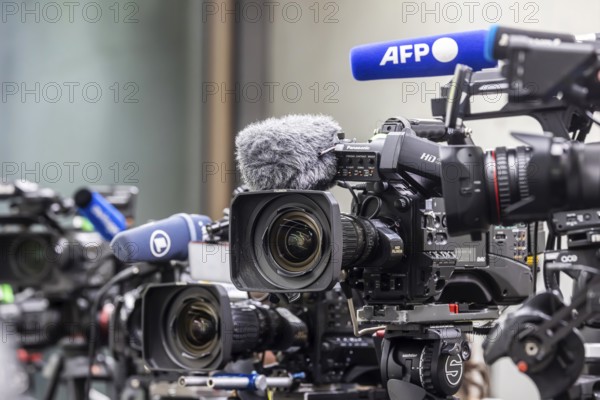 Cameras from various television stations are prepared for a press conference. Stuttgart, Baden-Württemberg, Germany