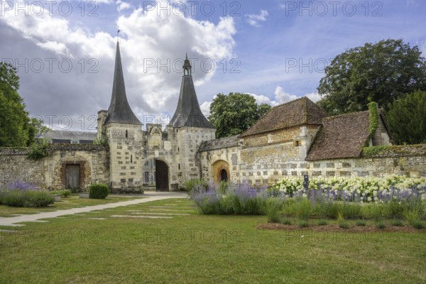 Double tower with entrance gate at the Abbey of, Le Bec-Hellouin, Eure, France