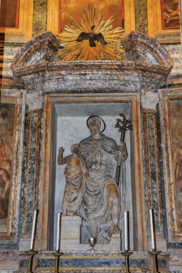 Statue sculpture of Iesu Infant Jesus and Saint Joseph S. Iosep with halo by Vincenzo De Rossi in San Giuseppe da Terrasanta chapel in ancient Roman temple Pantheon di of Agripppa, Catholic church Basilica of Santa Maria ad Martyres since 609 AD, Rome, Lazio, Italy