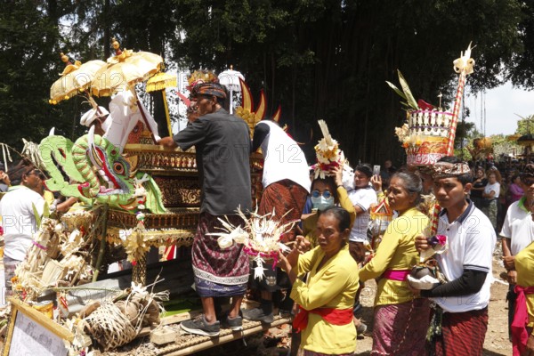 The mortal remains of a deceased person are placed in an animal sarcophagus (wadha) during the ngaben ceremony and then cremated. Wadah, the vehicle, the sacred magnificent animal, is the vehicle used to transport the soul of the deceased to the spirit realm, Ngaben ceremony, Gianyar, Ubud, Bali, Indonesia