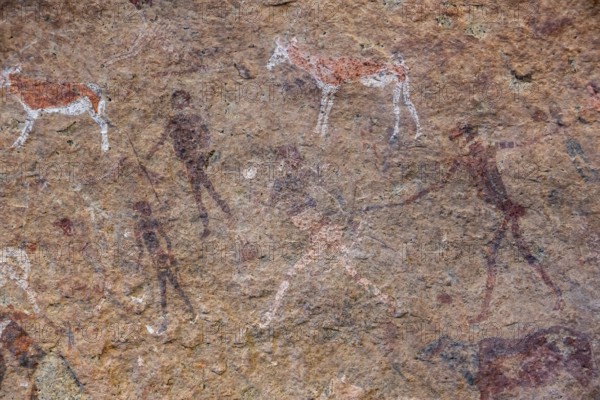 White Lady Rock Painting, White Lady Painting, Depiction of Hunters and Animals, Rock Paintings in Maack's Shelter, Tsisab Gorge, Brandberg, Erongo, Namibia