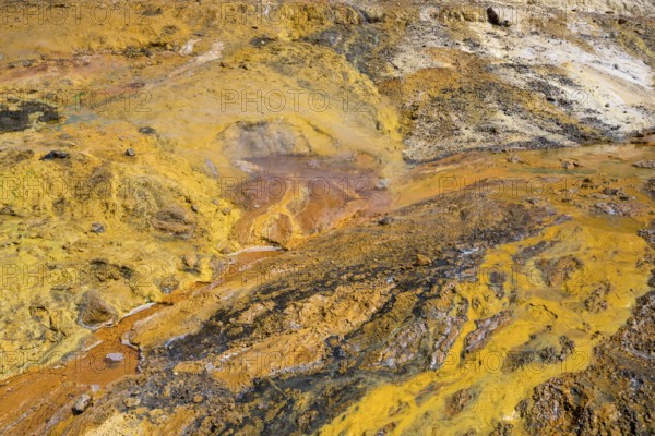 Colourful geothermal formation with yellow and orange earth tones and mineral-rich textures, geothermal area, rainbow rocks Tuzla, Ayvacik, Ayvacik, Çanakkale, Canakkale, Turkey