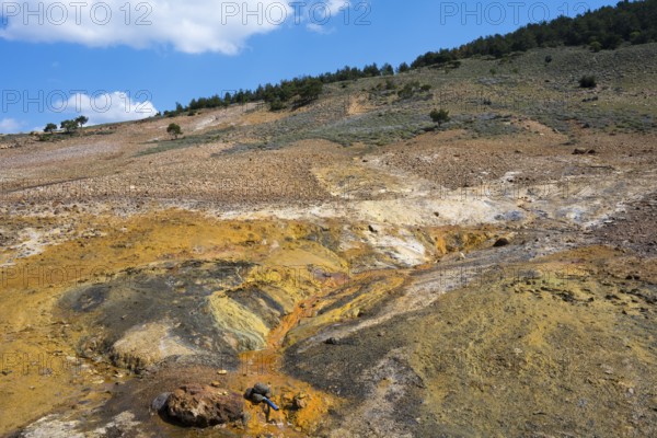 Extensive geological landscape with hills, orange and green areas under blue sky, geothermal area, rainbow rocks Tuzla, Ayvacik, Ayvacik, Çanakkale, Canakkale, Turkey