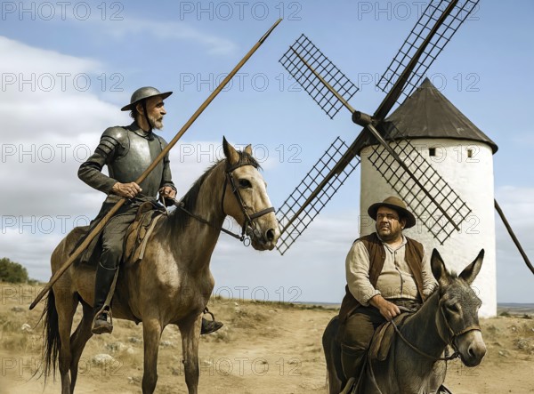 Don Quixote, Don Quixote rides in rusty armor on his rickety horse Rosinante, next to him Sancho Pansa on a donkey in front of a windmill, symbol of Miguel de Cervantes, world literature, knight, AI generated, AI generated