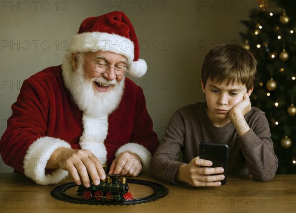 Santa Claus is happily playing with a toy train, a boy looks bored at his cell phone, symbol photo mobile phone, Christmas, gift, Internet, digital media, abuse, boredom, AI generated, AI generated