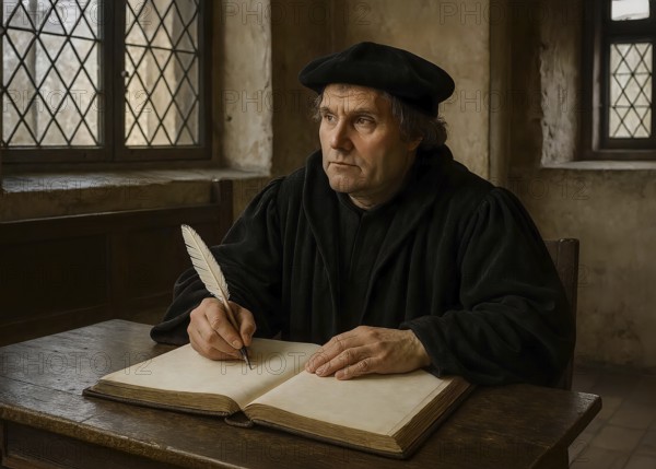 The reformer Martin Luther sits in his study and writes, symbolic image faith, church, Christianity, evangelical, Bible, Bible translation, theology, Reformation, Gospel, Wartburg, AI generated, AI generated