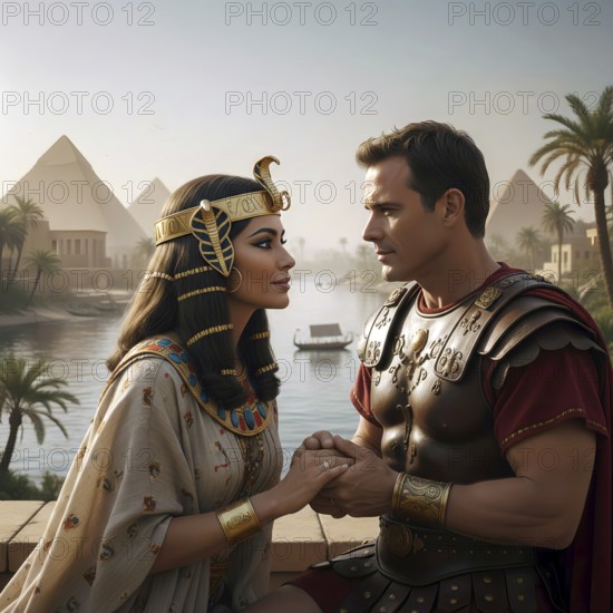 Cleopatra and Mark Antony in front of the pyramids, symbol Mark Antony, Roman Empire, Egypt, pharaoh, lovers, antiquity, Cleopatra, AI generated, AI generated