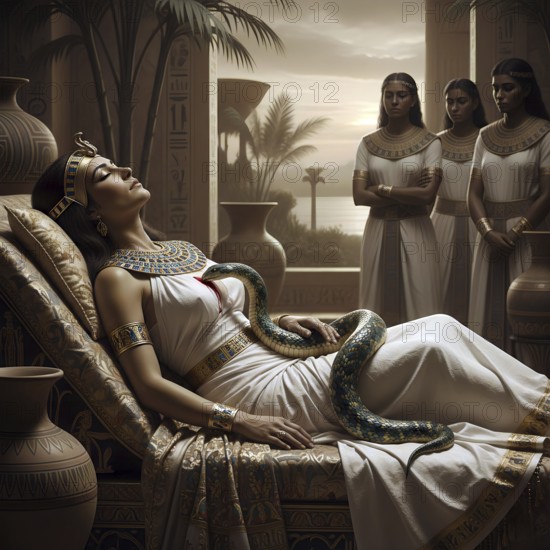 Cleopatra dead after being bitten by a snake, symbol symbol Mark Antony, Roman Empire, Egypt, pharaoh, lovers, antiquity, Cleopatra, cobra, AI generated, AI generated