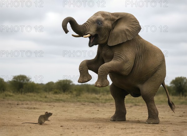 An elephant is startled by a mouse and stands on its hind legs, symbol of fear, panic, fright, fearful, panicked, headless, hectic, AI generated, AI generated