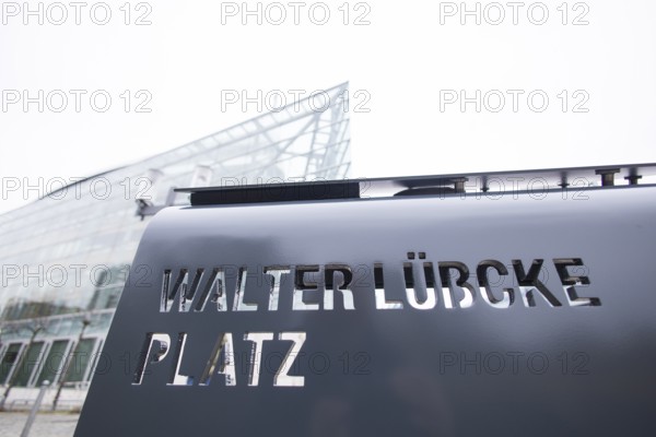 Walter Lübcke Platz in front of the Konrad Adenauer Haus, the party headquarters of the Christian Democratic Union (CDU) on 02.12.2025. The square was erected by the Centre for Political Beauty (ZPS) and approved by the Berlin Mitte district authority for two years. Walter Lübcke was a member of the Hessian state parliament for the CDU and was murdered by an AfD supporter on 2 June 2019