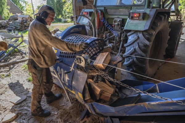 Young man sawing and splitting beech logs with his saw cutting machine, powered by a tractor in a barn, Othenstorf, Meckleburg-Vorpommern, Germany