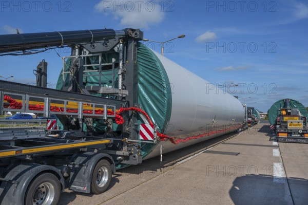 Heavy-duty transporter with a part of a wind turbine, at a motorway rest area of the A9, Mecklenburg-Western Pomerania, Germany