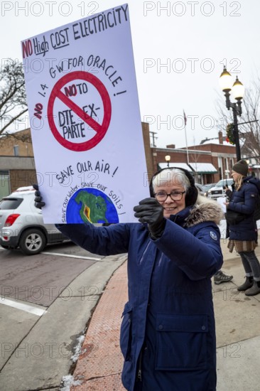 Saline, Michigan USA - 1 December 2025 - Rural Michigan residents rally against the $7 billion Stargate data center planned on southeast Michigan farm land. Protesters say the Data Center is being fast tracked by DTE Energy, the large electric utility, and that it could raise residential electricity rates and endanger the water supply