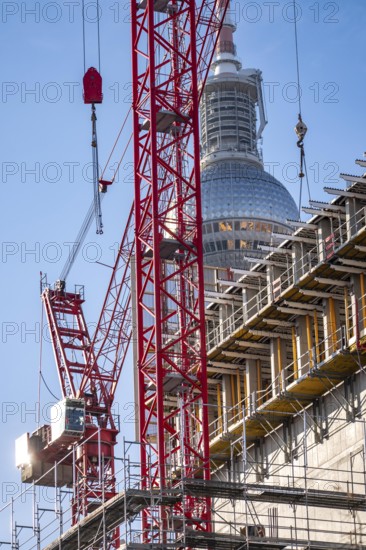 Construction site of the Covivio high-rise building in the vicinity of Alexanderplatz in Berlin, mixed use of apartment, offices, retail and a daycare center, Berlin TV Tower dome, Germany