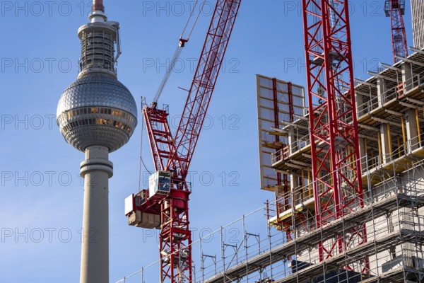 Construction site of the Covivio high-rise building in the vicinity of Alexanderplatz in Berlin, mixed use of apartment, offices, retail and a daycare center, Berlin TV Tower dome, Germany