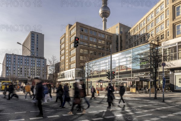 Passers-by on a Grunerstraße pedestrian crossing near Alexander Platz, Berlin Radio Tower, Berlin, Germany