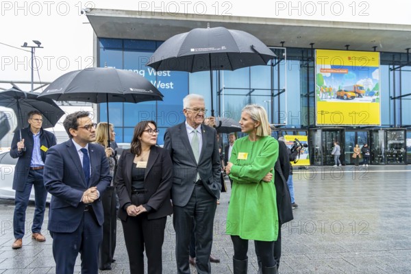 Annual event on the BW Automotive Industry Strategy Dialogue (SDA) in Stuttgart. Karin Rådström (Chief Executive Officer of Daimler Truck Holding AG) and Winfried Kretschmann, (Greens, Minister-President BW) . On the left, Stéphane Séjourné (Executive Vice President of the European Commission and Commissioner for Prosperity and Industrial Strategy) . Automotive industry conference. Stuttgart, Baden-Württemberg, Germany